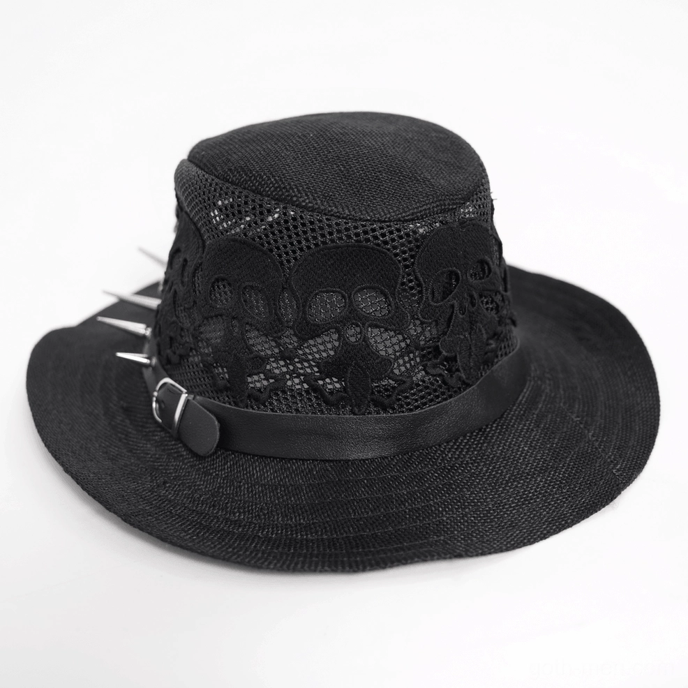 Detailed side close-up of gothic cowboy hat with skull lace mesh and leather buckle band