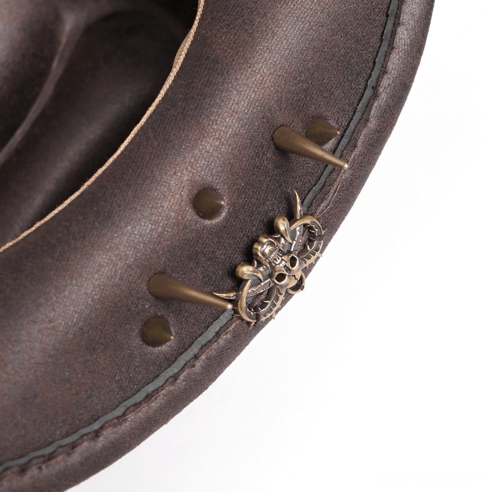 Brown gothic cowboy hat worn by model showcasing steampunk industrial aesthetic with metal hardware styling