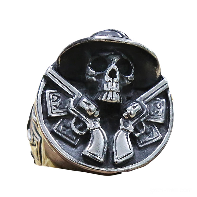 Unisex gothic skull western ring overhead angle aged silver finish embossed pattern