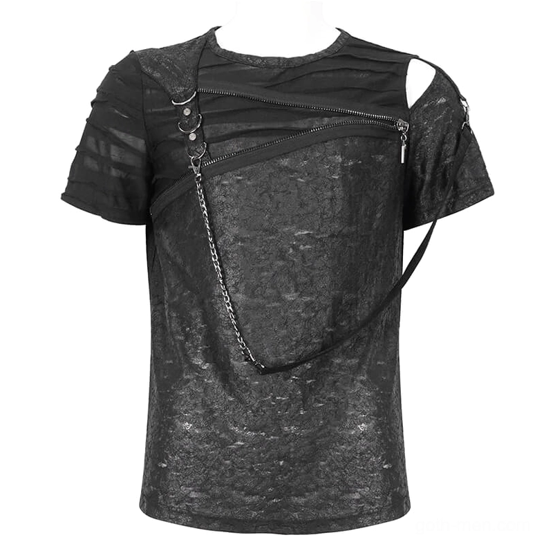 Men's gothic cracked fabric t-shirt with zipper straps and metal d-rings on mannequin front