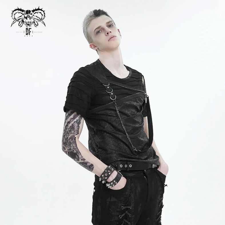 Men's gothic cracked t-shirt cutout design and asymmetrical silhouette styling inspiration