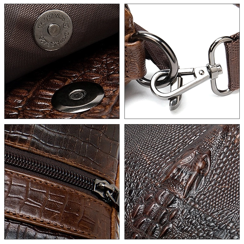 Gothic crocodile leather messenger bag for men - detailed view of vintage hardware, metal accents, and premium leather construction