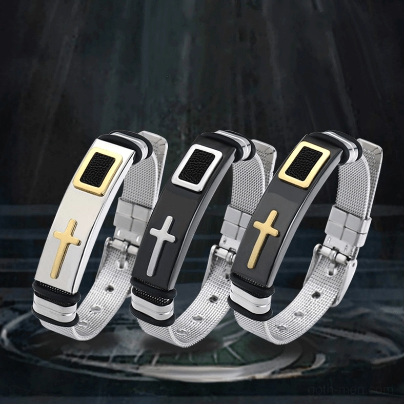 Gothic cross stainless steel bracelet collection featuring mesh strap band, polished finish, and cross ornament in professional product showcase