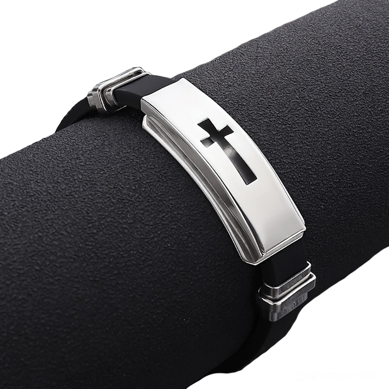 Style 1 gothic cross bracelet close-up showing sleek metal plaque design and secure locking clasp on display stand