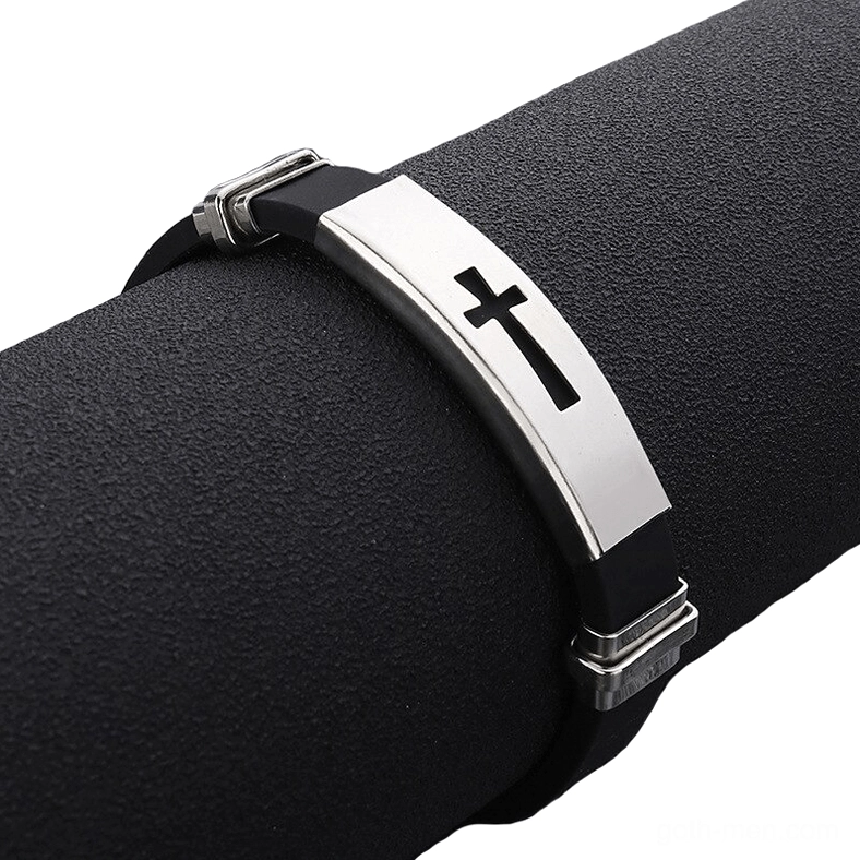 Style 2 gothic cross bracelet with engraved matte silver cross design and adjustable silicone strap flat lay view