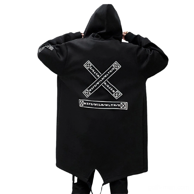 Black men's gothic coat back view with cross graphic print and split hem design