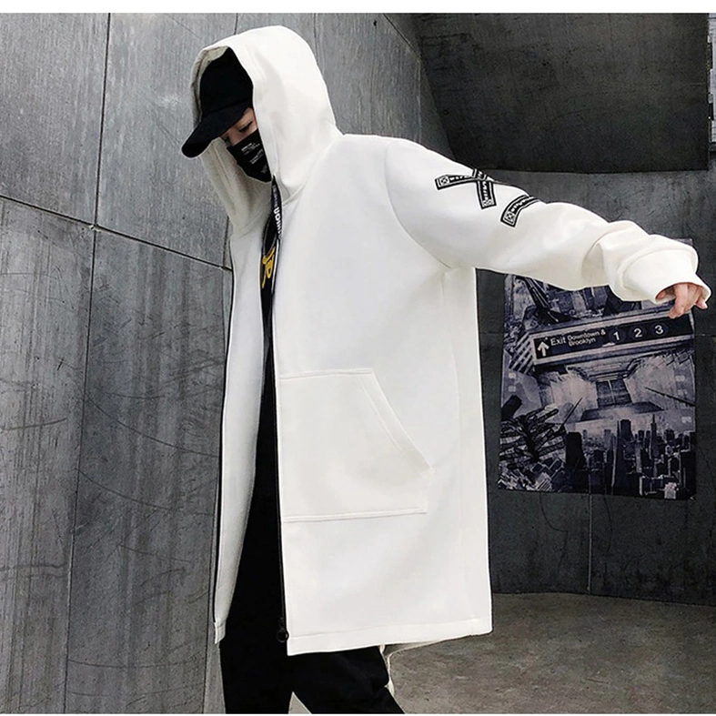 Black gothic hooded coat detailed side profile showing print and hood construction