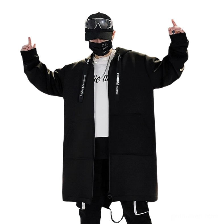 Black gothic cross print hooded zip coat for men, front full-body streetwear style