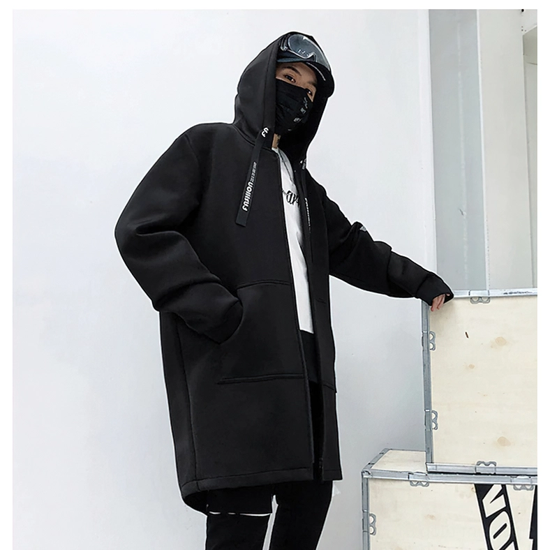 Black gothic cross print hooded coat side view on male model, streetwear style