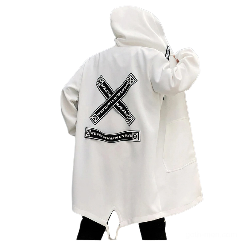 White men's gothic hooded coat back view featuring cross print and split lower hem