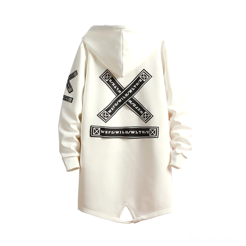 White gothic cross coat flat lay back view with split hem design detail