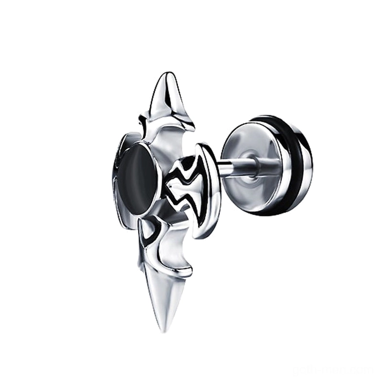 Single silver gothic cross spike earring close-up showing screw-back backing and black zircon detail
