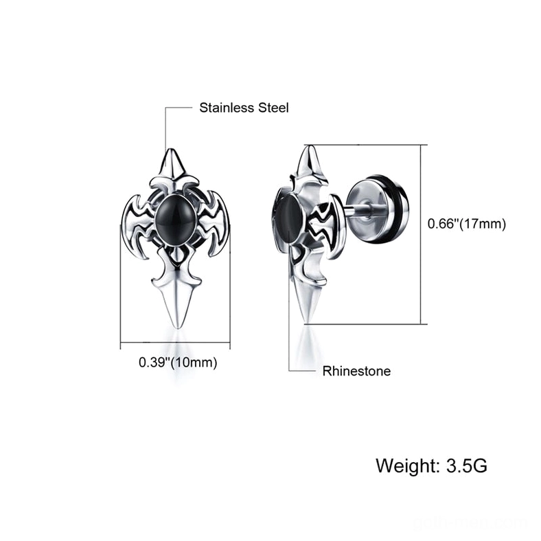 Gothic cross spike stud earrings technical specification diagram showing 17mm height, 10mm width, 3.5g weight and stainless steel material