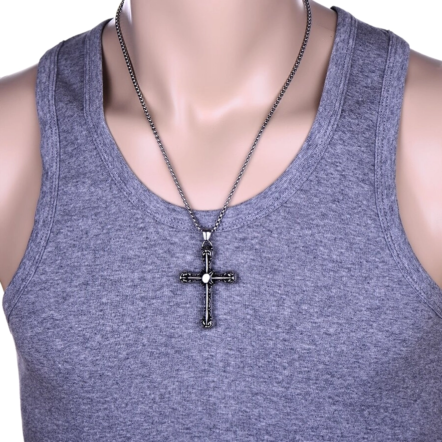 mens gothic cross pendant necklace worn on mannequin torso, displaying unisex styling and everyday wear aesthetic