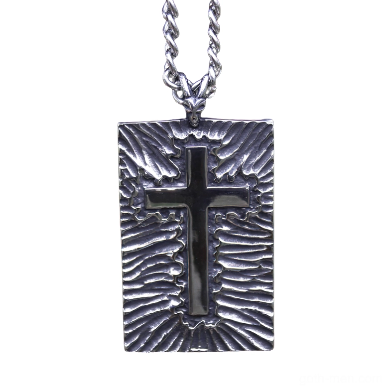Gothic cross pendant necklace with radial striped texture design and black enamel accents, centered front view