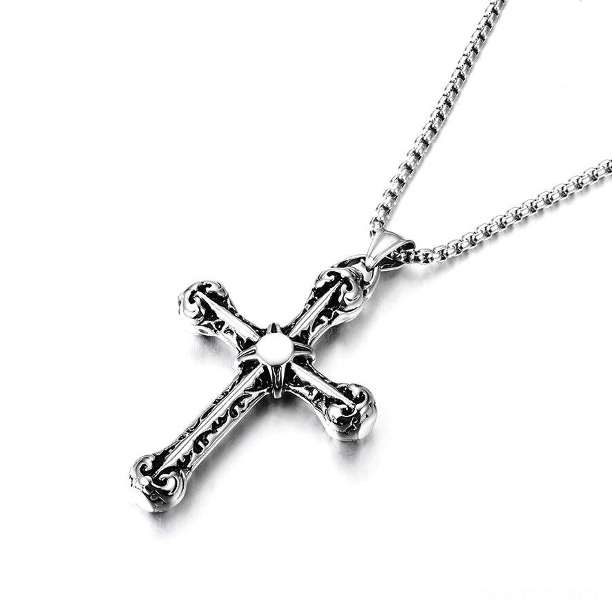 ornate 925 silver gothic cross necklace pendant showcasing carved scroll details and central decoration from angled perspective