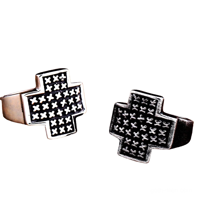 Black cross engraved stainless steel gothic ring with silver trim accents, side profile view