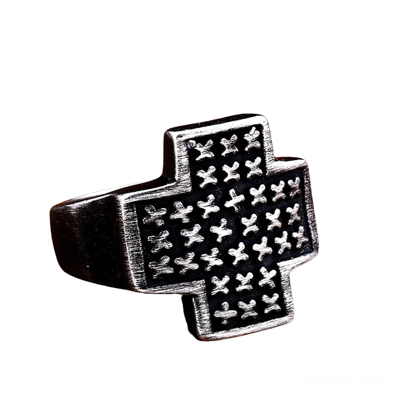 Gothic cross stainless steel ring with vintage dark silver finish and intricate cross engravings, three-quarter left view