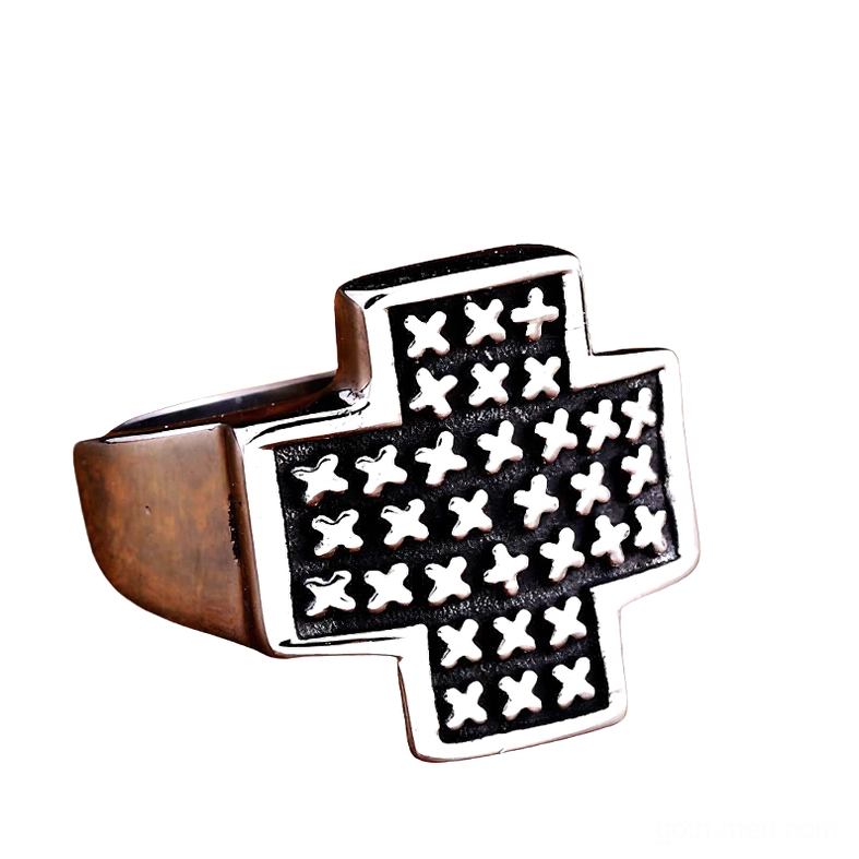 Two-tone gothic cross ring featuring bronze band with silver cross face detail, right three-quarter perspective