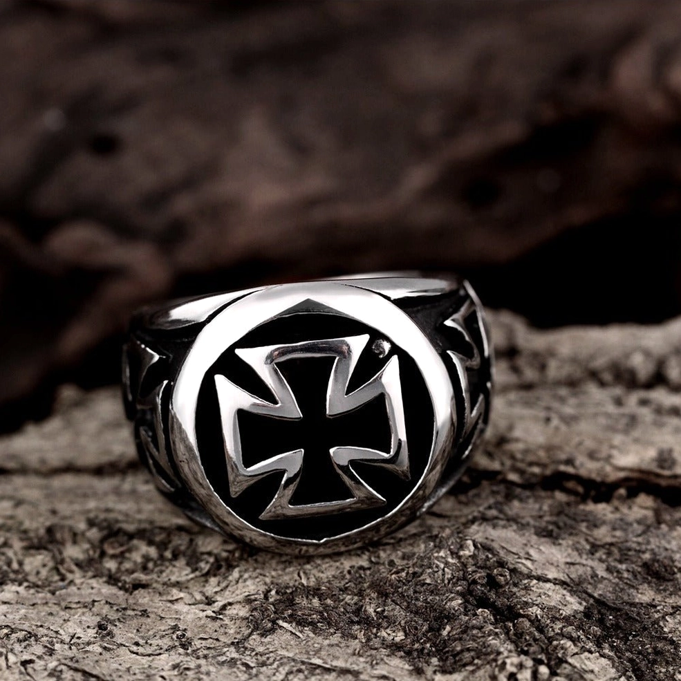 Celtic cross ring vintage black silver tone wood background gothic aesthetic
