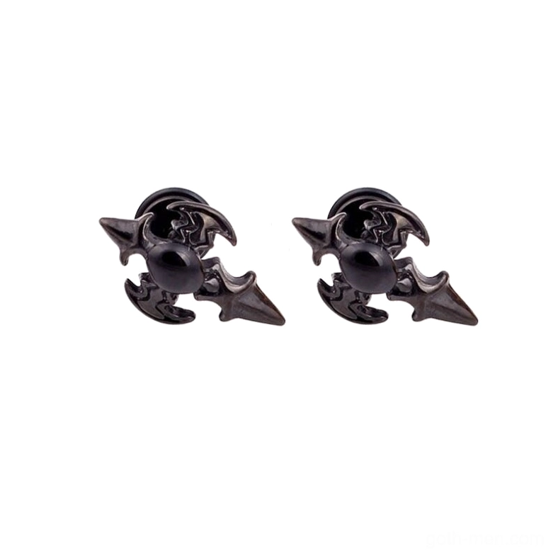 Matte black gothic bat cross stud earrings - alternative fashion jewelry front view