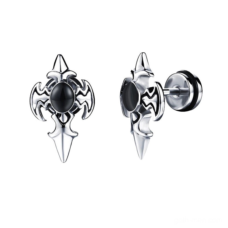 Silver gothic cross spike stud earrings with black zircon center - front and side view showcasing spiked cross design