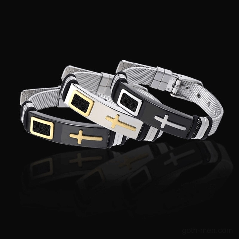 Stainless steel gothic cross bracelets with adjustable mesh band and buckle closure displayed in professional product photography