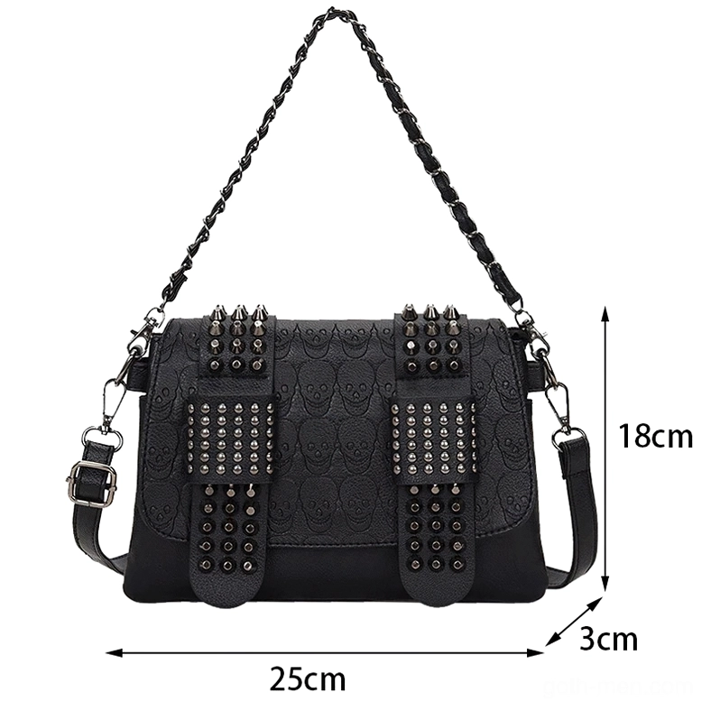 Rivet decorated gothic crossbody bag front view with size measurements 25cm x 18cm x 3cm