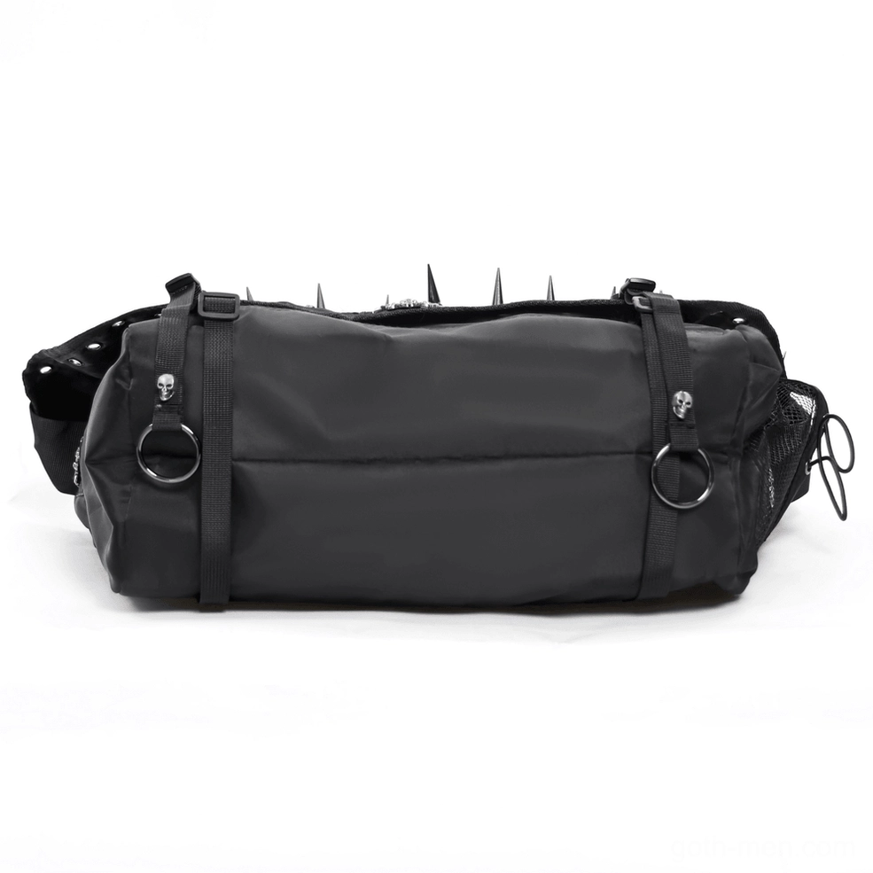 Alternative angle of gothic studded messenger bag showing structural reinforcement and grommets placement