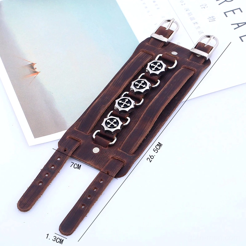 Gothic leather cuff bracelet flat lay with measurement markers, sizing reference for punk bracelet width