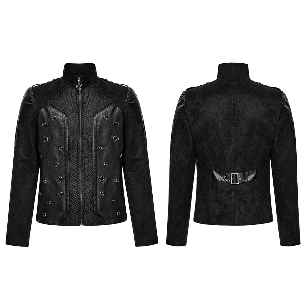 Men's gothic cyberpunk eyelet jacket flat lay - front and back complete product view showing suede texture and grommet placement