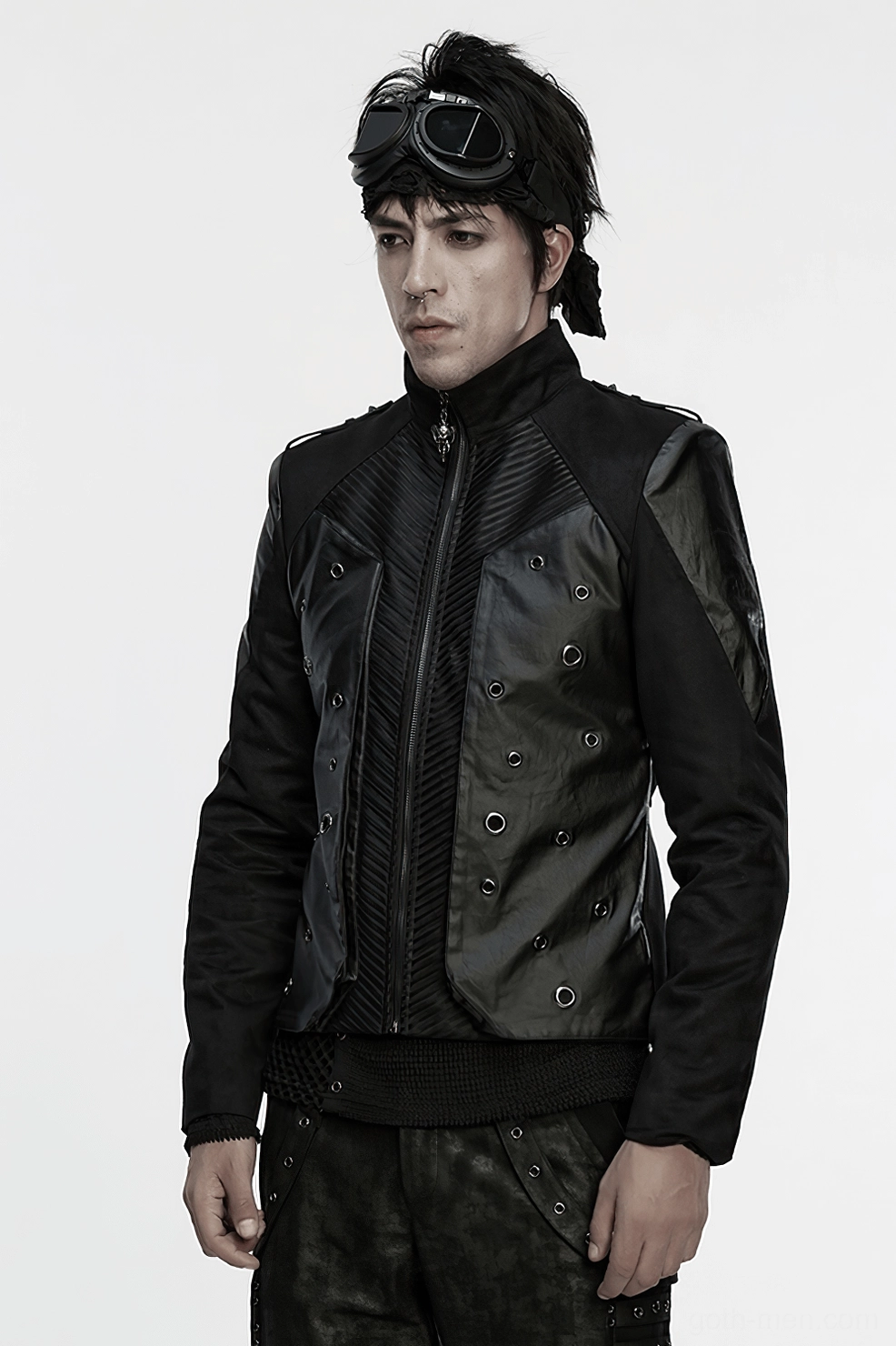 Men's gothic cyberpunk eyelet jacket style showcase - front profile on white background