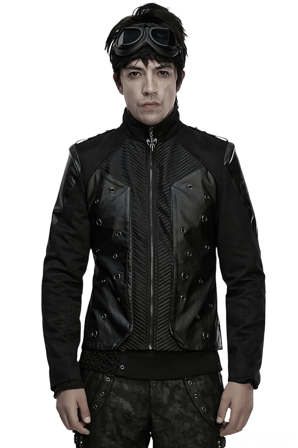 Men's gothic cyberpunk eyelet jacket front view - black suede and twill with metal grommets and structured stand collar