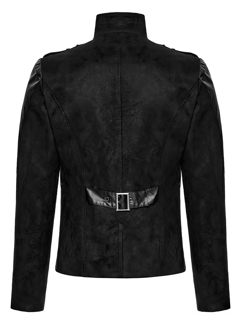 Men's gothic cyberpunk jacket rear flat lay - suede texture and back waist adjustment belt system