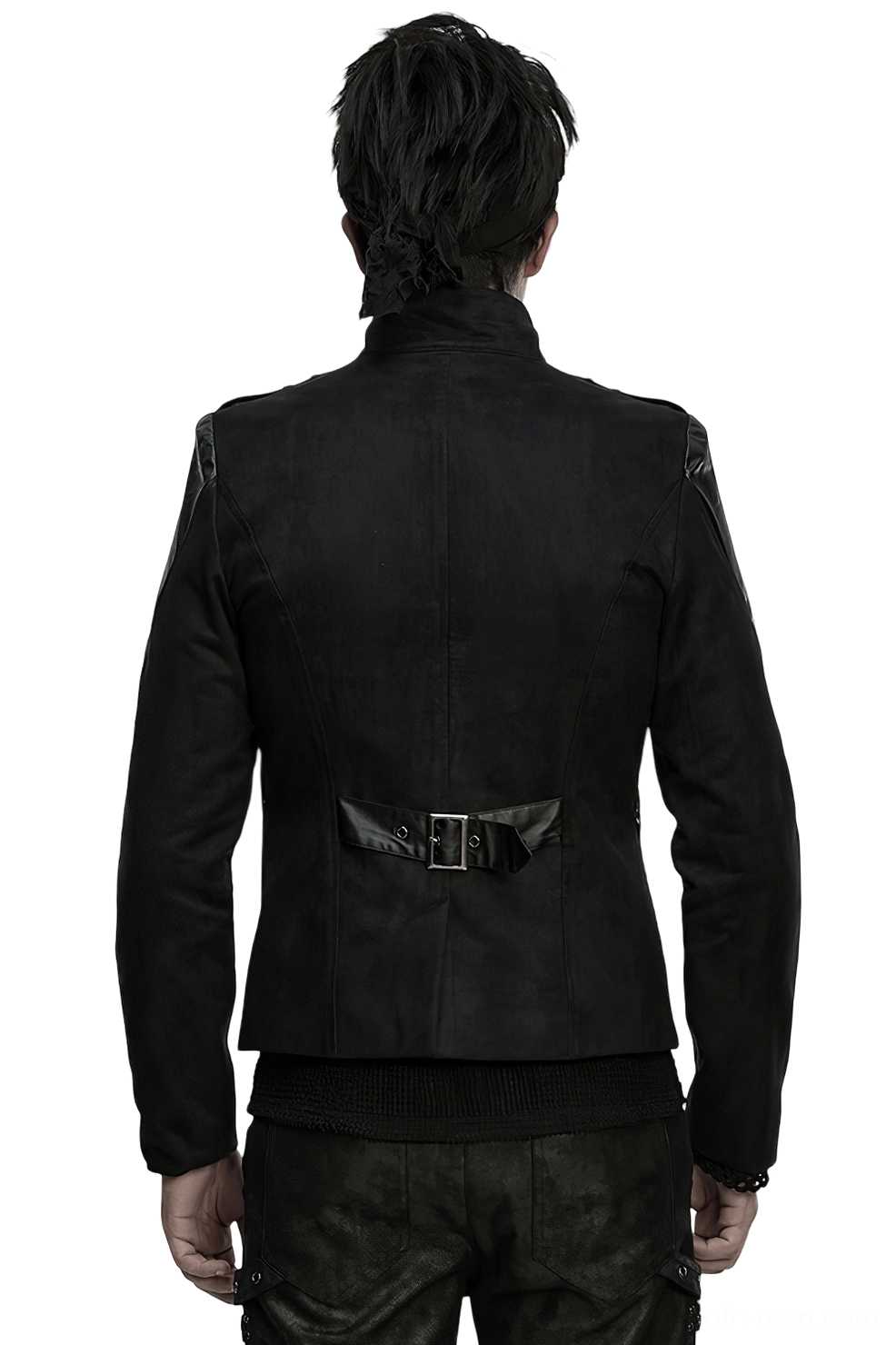 Men's gothic cyberpunk jacket rear view - fitted silhouette with back waist adjustment strap and buckle detail