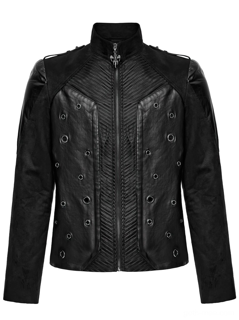 Men's gothic cyberpunk jacket front flat lay - chevron quilted panels, metal eyelets, and stand collar detail