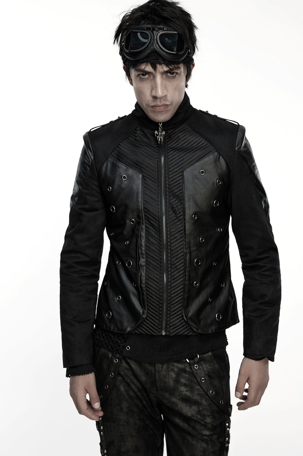 Men's gothic cyberpunk eyelet jacket alternative angle - industrial aesthetic with mixed material panels