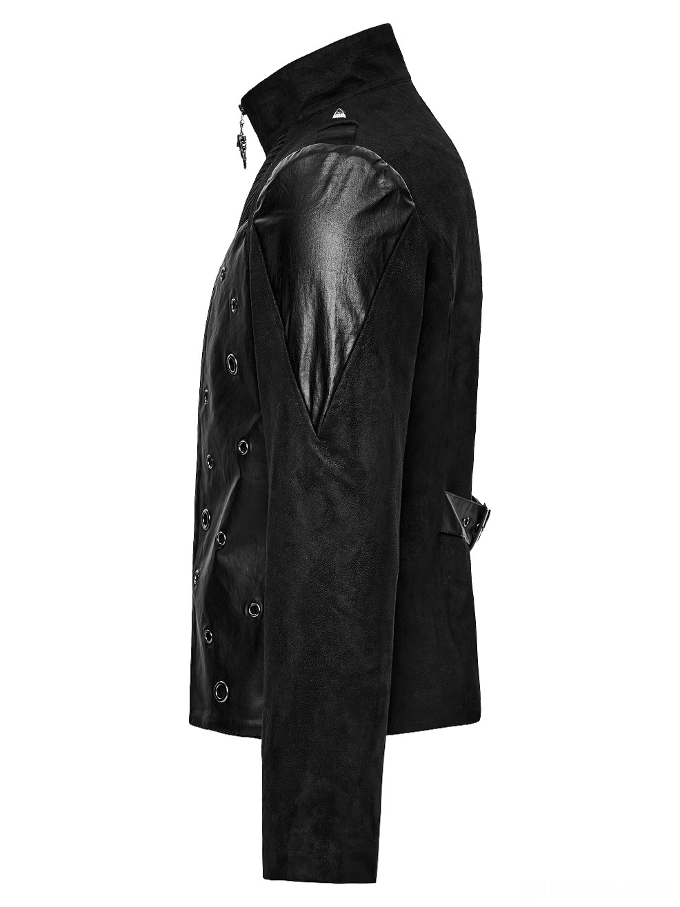 Men's gothic cyberpunk jacket side flat lay - mixed leather and suede fabric with shoulder panel detail