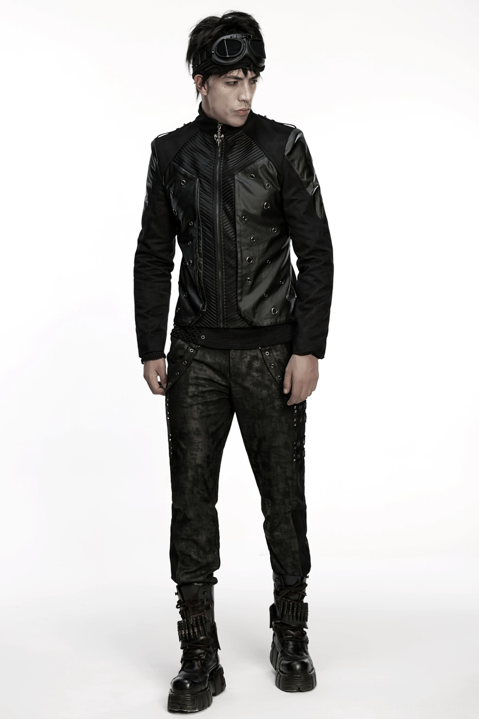 Men's gothic cyberpunk jacket structural design - rear angle showing fitted cut and architectural details