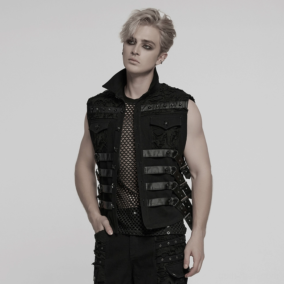 Alternative angle of distressed cyberpunk gothic vest - showing tattered fabric areas, strategic mesh placement, and overall architectural silhouette