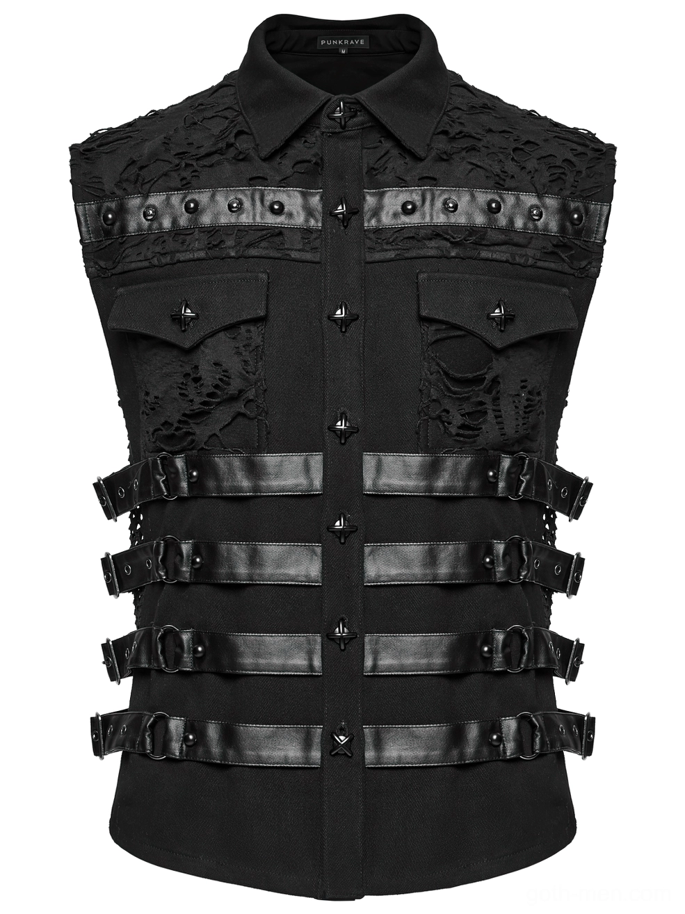 Front flat lay of black cyberpunk gothic vest - fitted cut showing shirt collar, buttoned front closure, chest pockets, and leather strap details