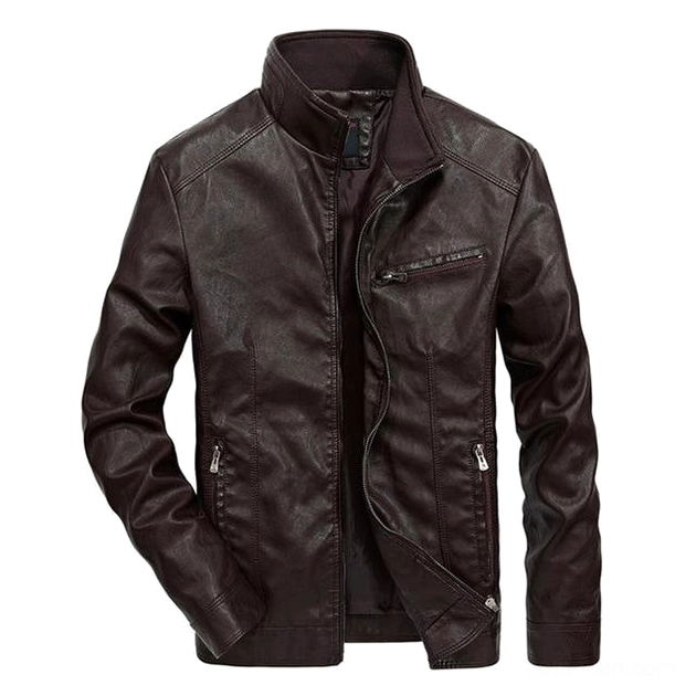 Men's dark brown vintage gothic moto jacket with stand collar and multi-zipper pockets, faux leather texture