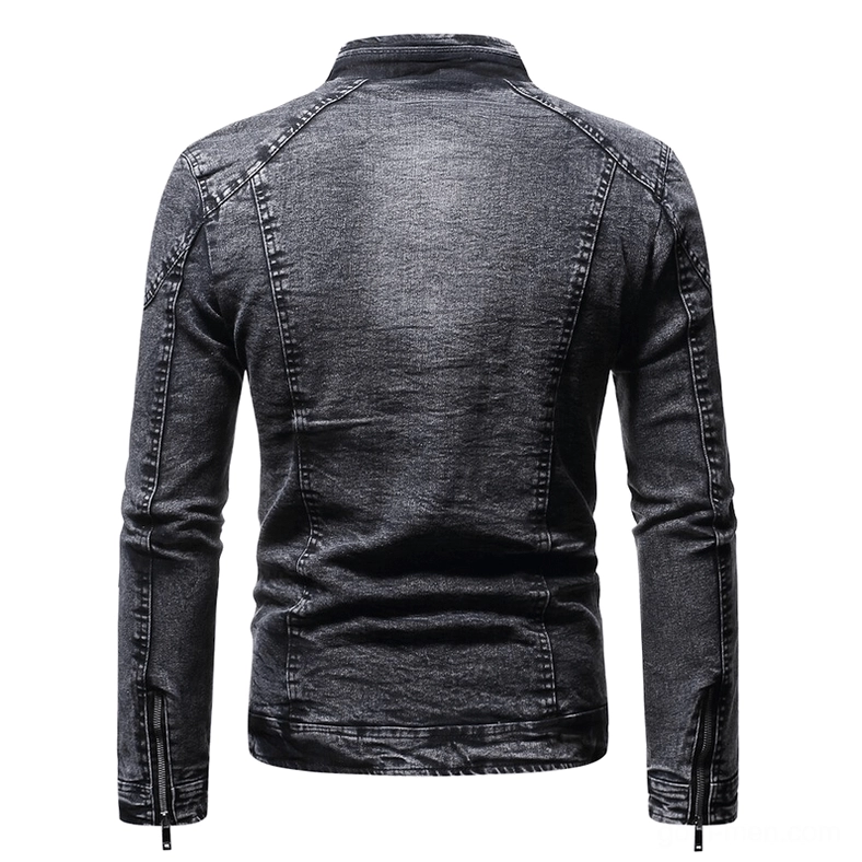 Gothic denim biker jacket back view showing tailored seams, zippered cuffs, and fitted silhouette