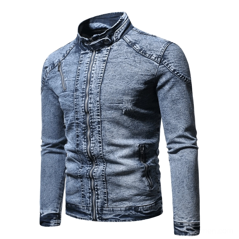 Light blue washed denim gothic biker jacket with distressed finish and functional side pockets, front full view