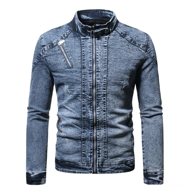 Deep blue gothic denim biker jacket with plush lining, front view showcasing stand collar and chest zipper pockets
