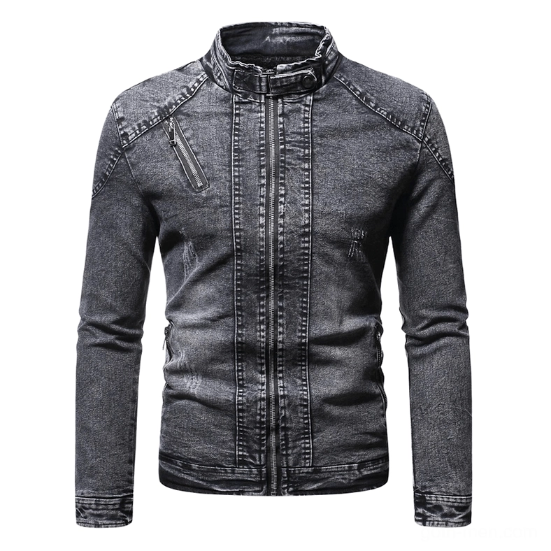 Dark gray gothic denim biker jacket with stand collar and plush fleece lining, front view with metal chest zipper
