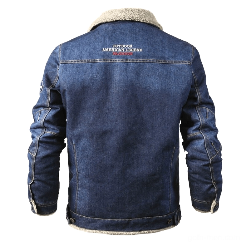 Men's gothic denim jacket rear view, dark wash with back embroidery text, shearling hemline trim, complete back profile