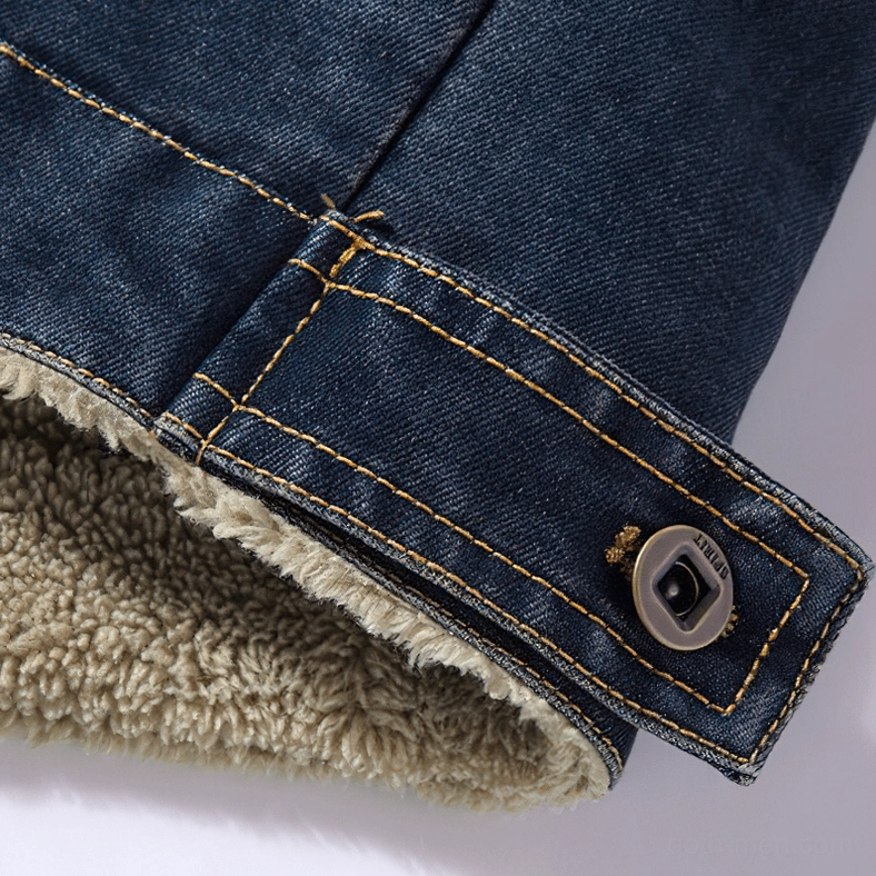 Men's gothic denim jacket cuff strap detail, adjustable snap button closure, contrast stitching, shearling cuff lining