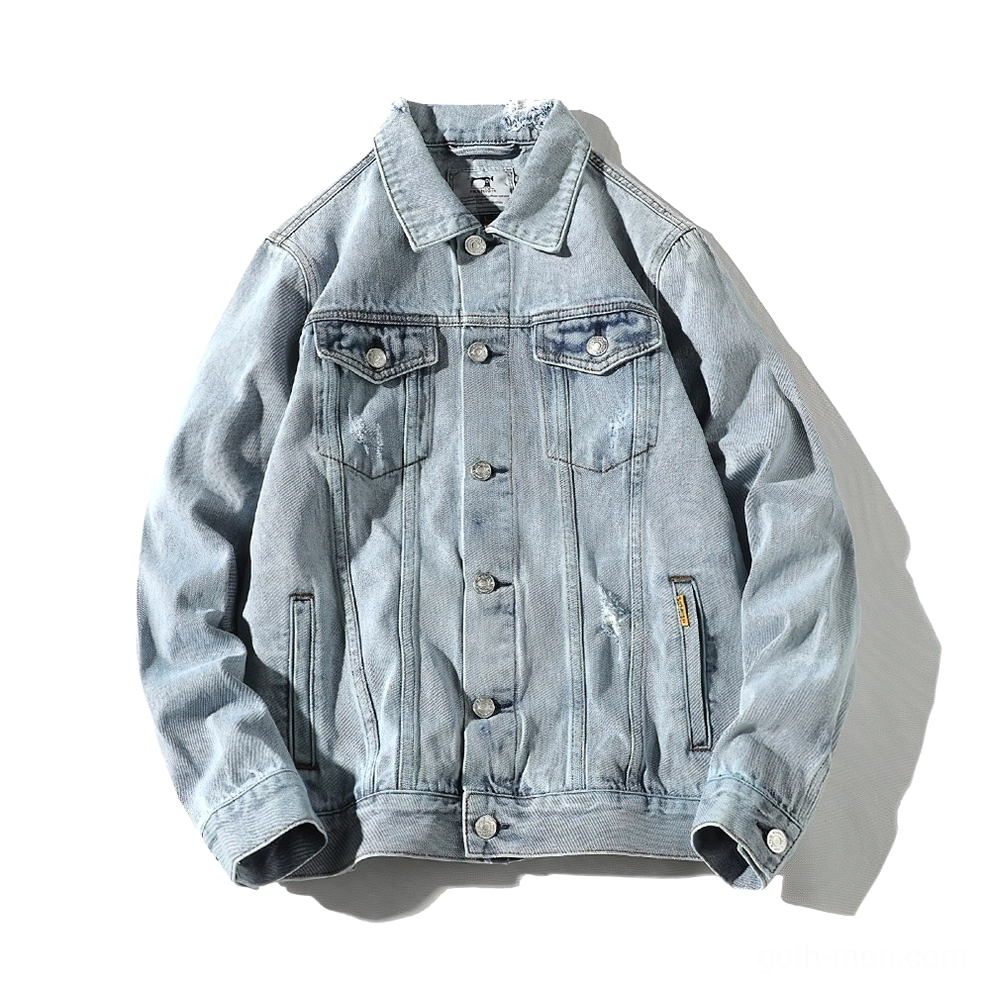 Dark rebel denim jacket flat lay showing distressed back panel, chest utility pockets, and button details - gothic alternative menswear