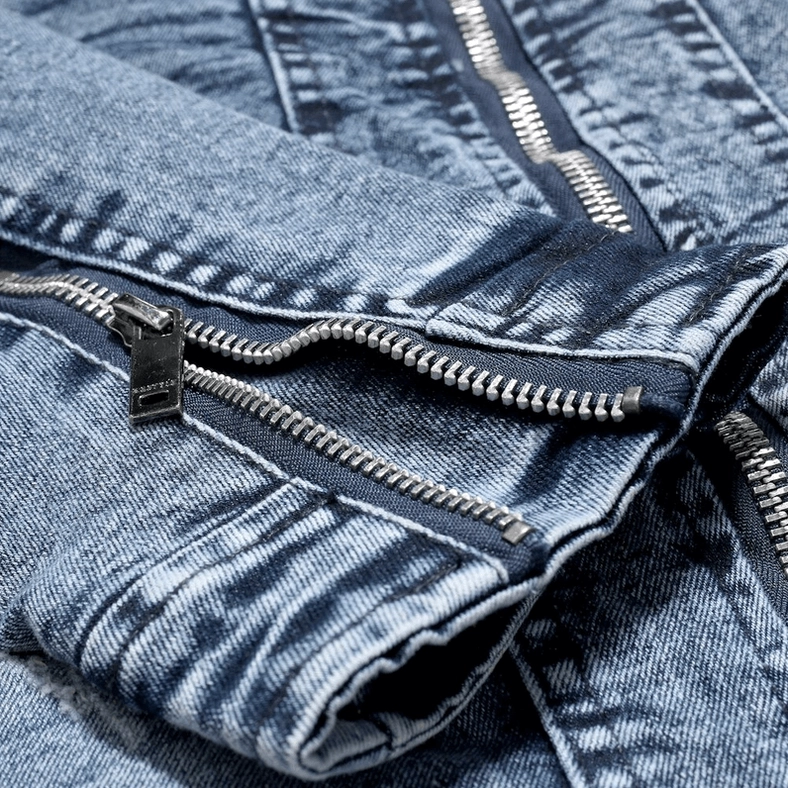 Dual metal zipper detail on gothic denim biker jacket showing faded denim texture and quality craftsmanship